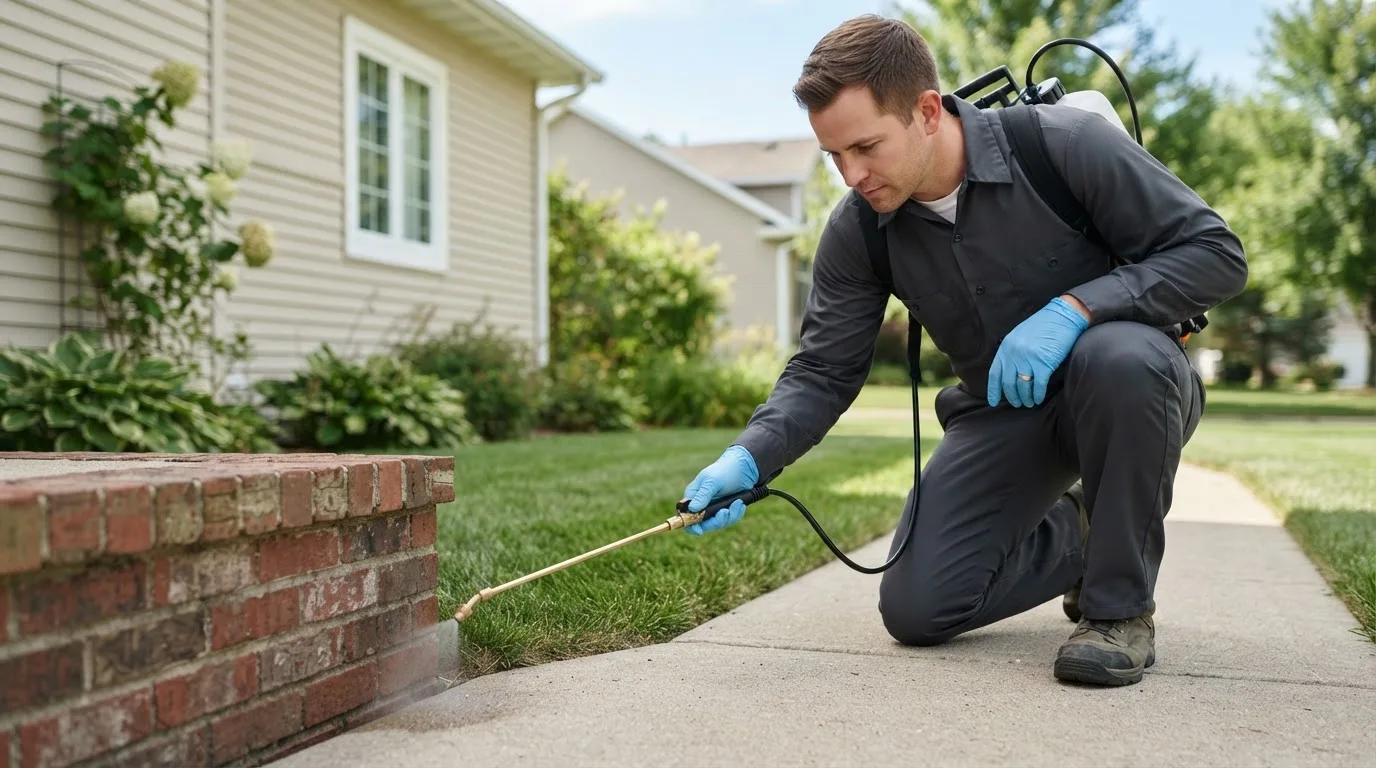 Pest control technician treating a home near Pembroke, NH