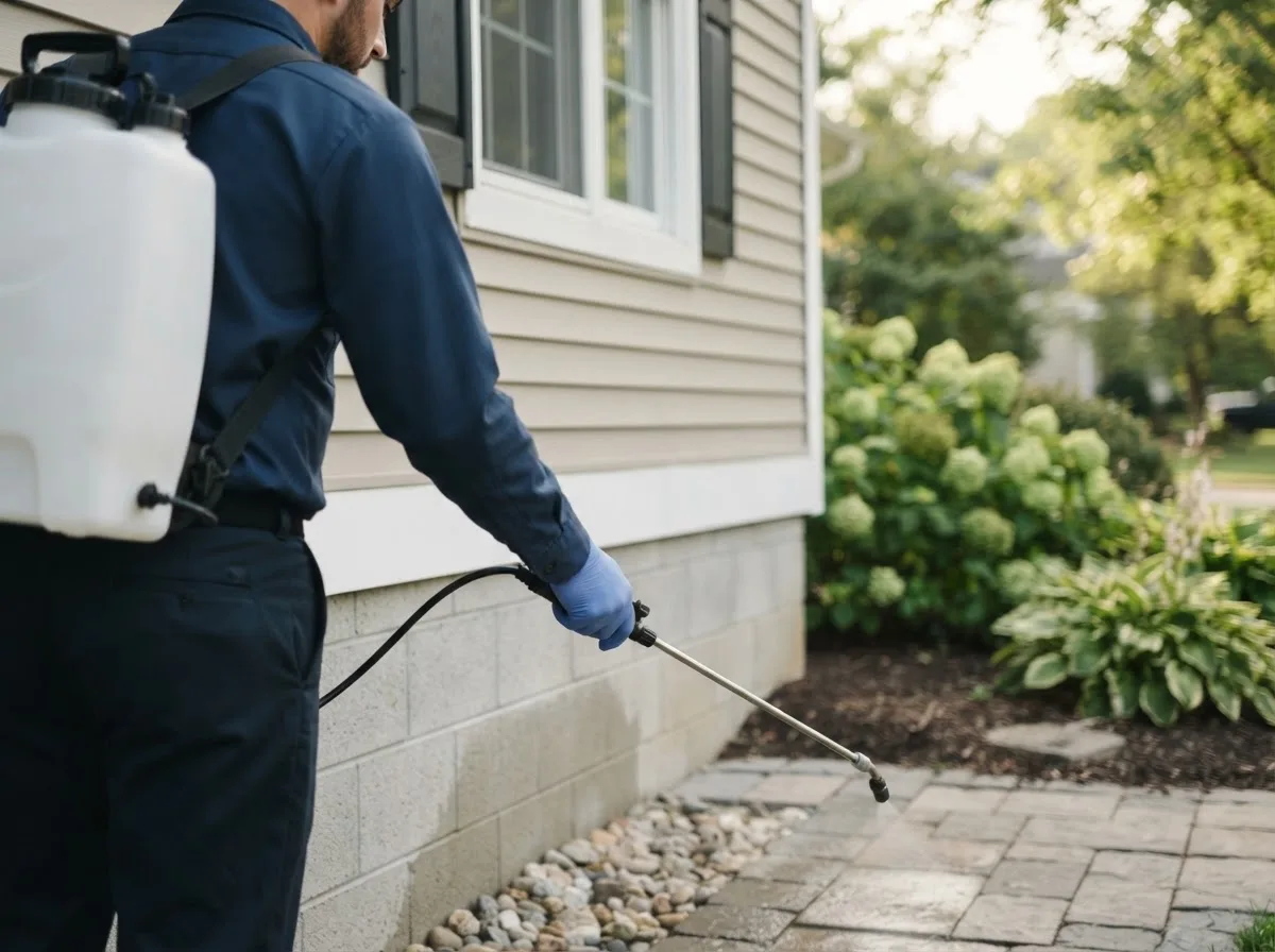 Pest control technician inspecting a home in Pembroke, NH